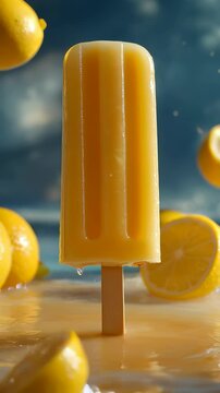 Refreshing summer treat with vibrant lemon popsicle surrounded by splashing liquid and fresh lemon slices under bright sunlight. Ideal for Social Media, Stories, Advertising