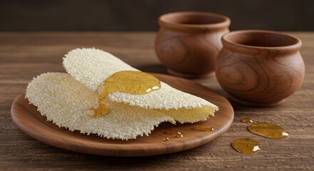 Tapioca Crepe with Honey Drizzle Served on Wooden Plate