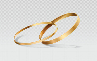 Intertwined gold bands, digital rendering. Luxury rings, soft drop shadow. Symbol of union, elegant design.