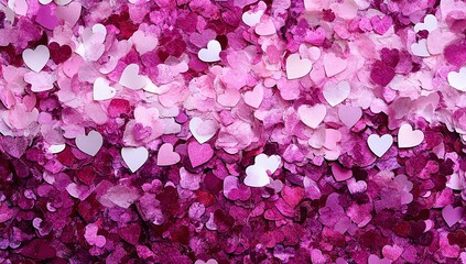Fototapeta premium Confetti, pink and white heart-shaped paper pieces, scattered across the surface