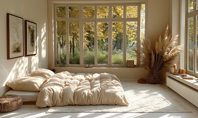 Simple Minimalist Bedroom Interior Design with Beige Bedding and Autumnal Window View