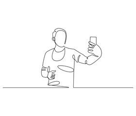 Continuous one line drawing of Man selfie with smartphone. Single line drawing illustration of man self photo. Influencer of social media concept vector art. Doodle line illustration.