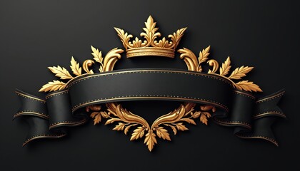 Luxurious gold, black crest design. Elegant gold accents, ornate crown, black ribbon for logotype. Prestigious, sophisticated brand symbol, corporate logo, premium quality badge. Create prestigious