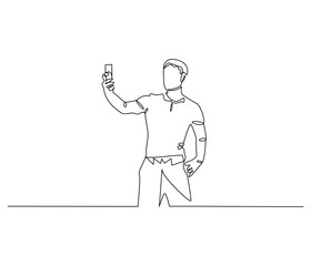 Continuous one line drawing of Man selfie with smartphone. Single line drawing illustration of man self photo. Influencer of social media concept vector art. Doodle line illustration.