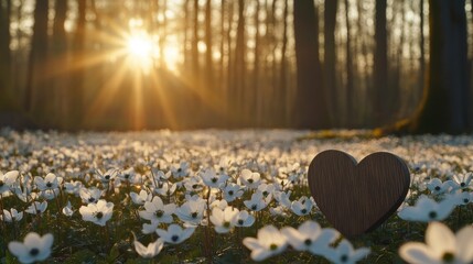 Fototapeta premium Wooden Heart in a Field of White Flowers at Sunrise in a Forest