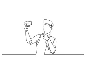Continuous one line drawing of Man selfie with smartphone. Single line drawing illustration of man self photo. Influencer of social media concept vector art. Doodle line illustration.