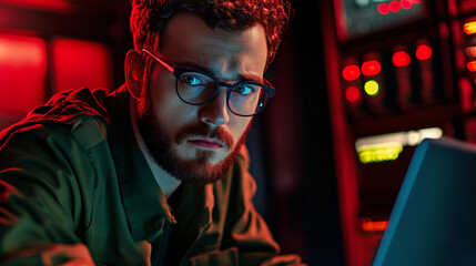 Focused programmer with glasses analyzing cryptography algorithms on computer screen surrounded by complex mathematical models and code.