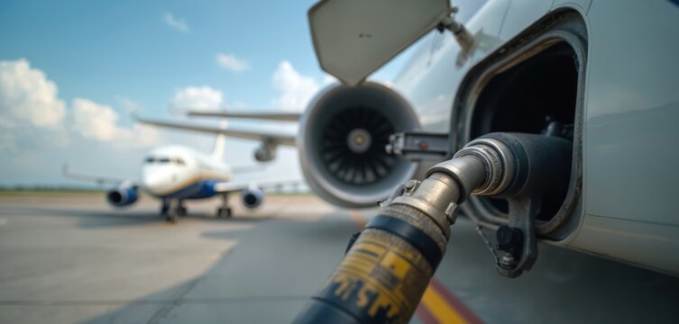 Fueling airplane with focus on fuel hose. Detail view of commercial passenger plane being refueled at airport tarmac with another plane on background. Aviation travel industry.
