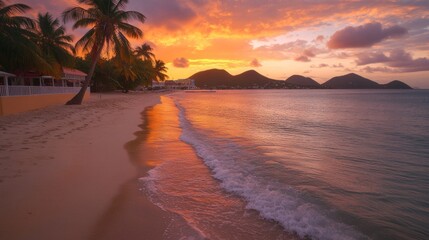 Serene tropical beach sunset with vibrant sky colors and gentle ocean waves