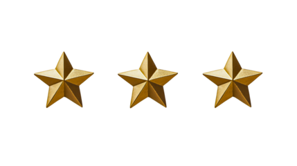 Three golden stars made of gold, transparent background, perfectly shaped stars used in business reviews.