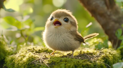 Fototapeta premium Close up of a fluffy baby bird standing on moss with its beak open in a bright green forest