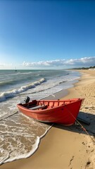 A vibrant red boat rests on a sandy beach. with gentle waves lapping at its side under a clear blue sky.