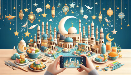 Magical Eid Celebration with Mosque and Food on a Table