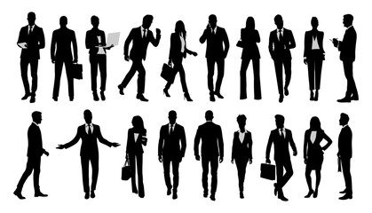 Silhouettes of business people walking, men and women full length front, side, back view. Vector illustration isolated black on transparent background. Avatar, icons for website