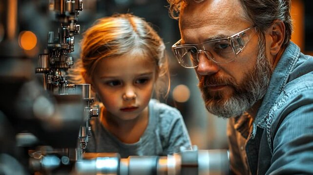 Mentorship in Motion: A moment of shared learning between a skilled engineer and a curious young girl in a workshop environment, emphasizing guidance, curiosity, and the transmission of knowledge
