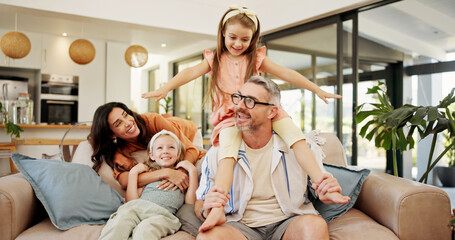 Parents, kid and flying fun at house of airplane game, playful fantasy and energy for freedom....