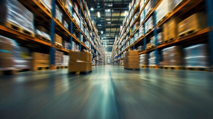 Fototapeta premium Motion blurred warehouse aisle with high shelves full of cardboard boxes.