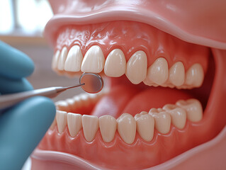 Young woman's teeth with dental tools and dentures for oral care and health
