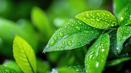 Dewy green leaves.  Close-up of vibrant foliage covered in water droplets