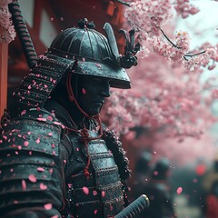 Mysterious warrior standing against cherry blossoms in full armor image