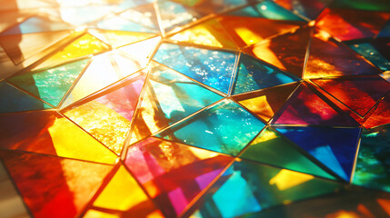 A beautiful and colorful mosaic created with intricate triangles displaying artistic details through delaunay triangulation methods and techniques.