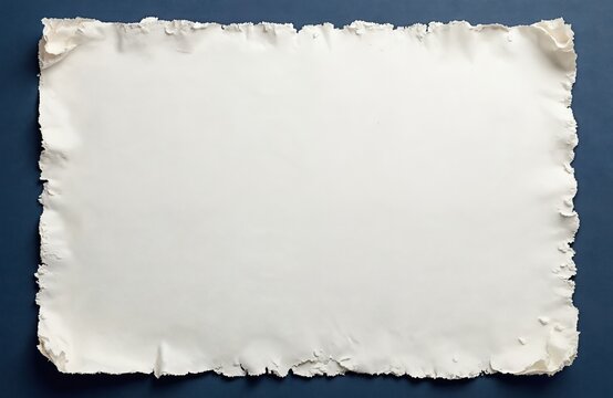 White craft paper texture with navy blue border. Vintage dense kraft cardboard structure. Blank, empty page with torn edges. Rustic design, macro photo, copy space.