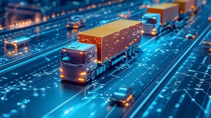 Futuristic highway with autonomous trucks and cars, digital network overlay.