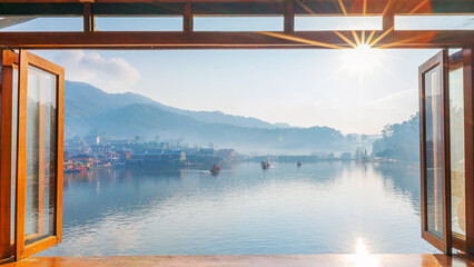 Window of view landscape of lake water at sunrise time or morningtime  at 