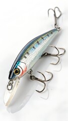 A sleek fishing lure. isolated on a white background. equipped with triple hooks for optimal performance.
