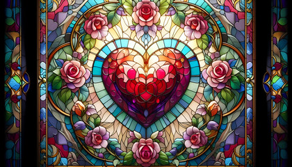 Heart with Roses in Vibrant Stained Glass Design