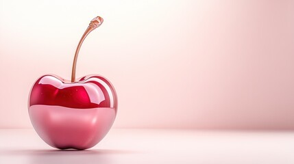 Obraz premium A Single Shiny Red Cherry on a Pink Background