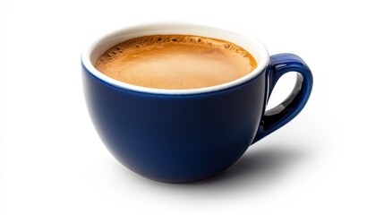 Fototapeta premium Blue coffee cup, isolated white background, steaming espresso