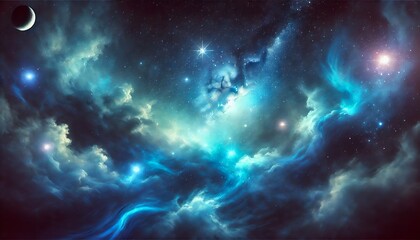 Fototapeta premium 幻想的な深青の夜空 〜輝く星々と神秘的な星雲〜