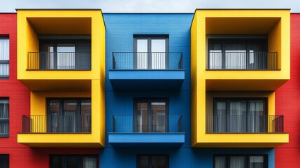 Fototapeta premium Bold yellow and blue balconies add vibrancy to a modern urban design set against a red backdrop