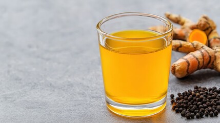 Apple cider vinegar wellness and metabolism, A glass of golden drink next to fresh turmeric root and black pepper, showcasing a vibrant beverage rich in color and health benefits.