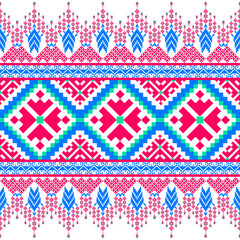 Vibrant seamless pattern with geometric heart motifs and folk floral designs in red, blue, and green. Perfect for textile design, craft projects, wallpaper, and print design with a lively charm.