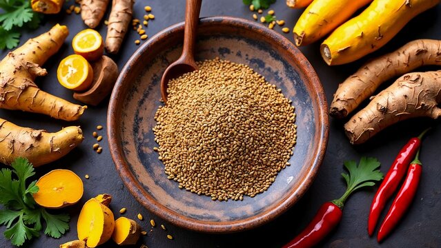 Vibrant Ayurvedic spices and herbs flat lay featuring cumin seeds and turmeric roots
