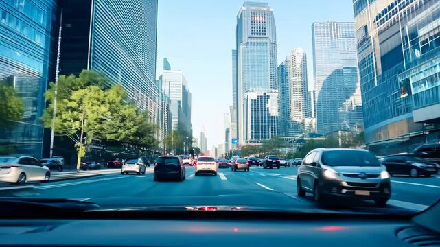 Slow motion view of city traffic through the front windshield of a moving car
