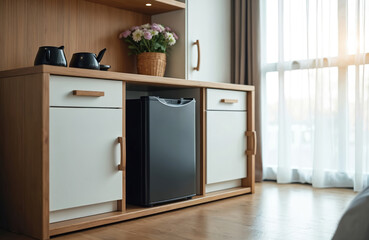 Black mini fridge under wooden counter in hotel resort bedroom. Interior design apartment, home, room. Modern minimal design, travel, vacation, beverage, refreshment.