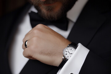 Individual adjusts tailored suit and checks stylish watch at formal event in elegant setting