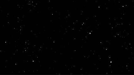 White Snow Falling on Isolated Black Background, Shot of Flying Snowflakes Bokeh, Dust Particles or Powder in the Air. Holiday Overlay Effect