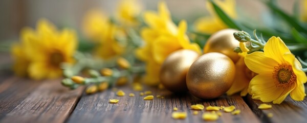 Golden Easter eggs with yellow flowers rest on rustic wooden background. Springtime holiday decoration with festive symbols of Easter celebration, religious holiday, and seasonal decor.