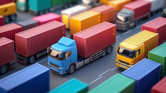 Colorful cargo trucks navigating a congested shipping container yard.