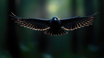 Obraz premium Majestic black bird in flight, against a dark forest backdrop. Detailed view of its wings and body. Captured during daylight hours