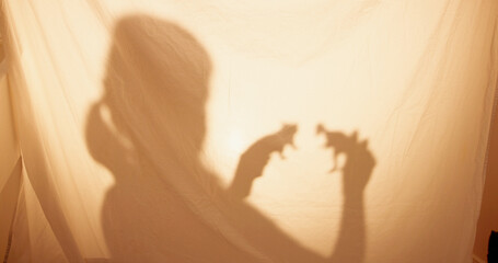 Home, child and shadow in tent for toys, childhood activity and playful with imaginary scenario. House, kid and game with dinosaurs for creativity, curious or development with fantasy in blanket fort