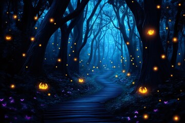 Magical boardwalk winding through enchanted forest at night, lit by fireflies and glowing flowers