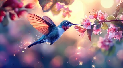 Beautiful hummingbird with flowers, fantasy illustration, glowing colors, glittering light effects, high resolution, high detail, hyper-realistic, beautiful 