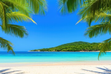 Fototapeta premium Idyllic Tropical Paradise Clear Turquoise Sea Meets White Sandy Beach Under Green Palm Framed Sky Discover Beauty Of Stunning Scene