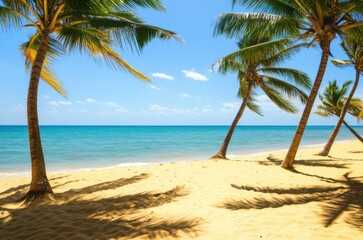 Golden Hour Serenity Turquoise Waters Meet Bright Blue Sky On Sandy Tropical Beach, Offering Breathtaking View Of Dreamy Coastal Paradise With Whispers Of Wind And Sand