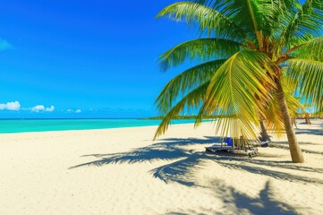 Obraz premium Escape To Paradise Bright Tropical Beach With Palm Tree, White Sand, Turquoise Water, And Endless Horizon Find Relaxation Under Vibrant Sky